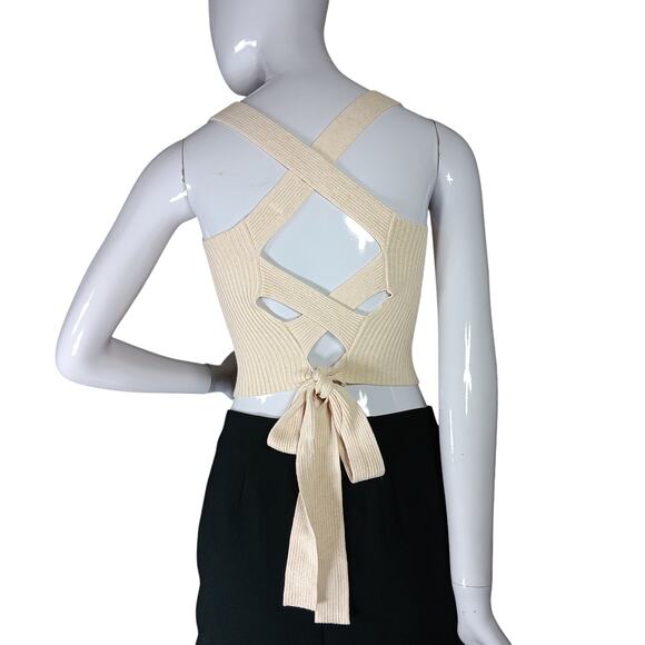 Be Cool Crop Knit Top Size Small / Medium Ribbed Beige Lightweight Ties on Back - Picture 1 of 8
